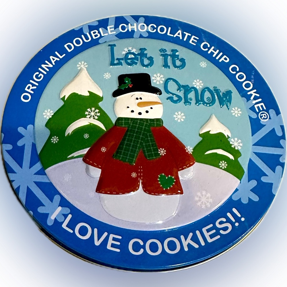 VTG ORIGINAL GOURMET LET IT SNOW 4.5” SNOWMAN DOUBLE CHOCOLATE CHIP COOKIE TIN